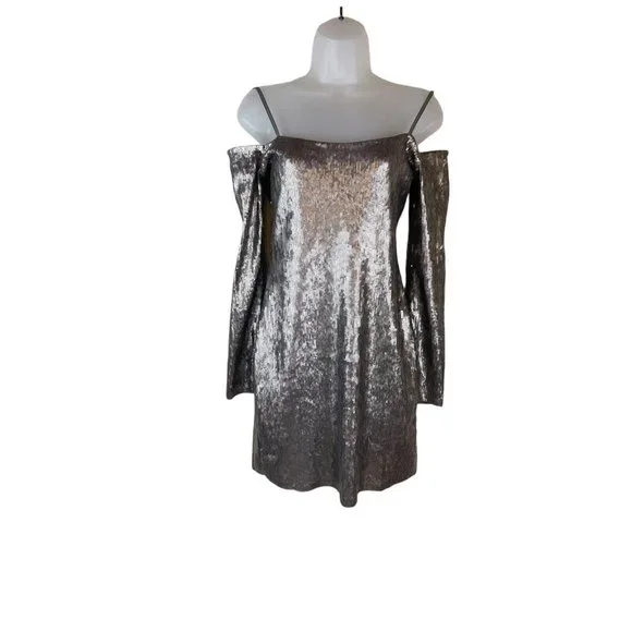 Express Dress Women Size Small Petite Pewter Bronze Sequins Mini Long Sleeve - Picture 4 of 11